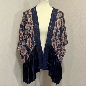 Sheer Floral & Velvety Kimono Size M Navy Blue & Burgundy Jolt